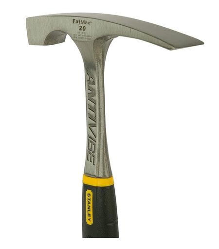 Close-up view of the steel hammer head displaying the FatMax 20 branding, the square striking face, and the polished steel finish of the neck.