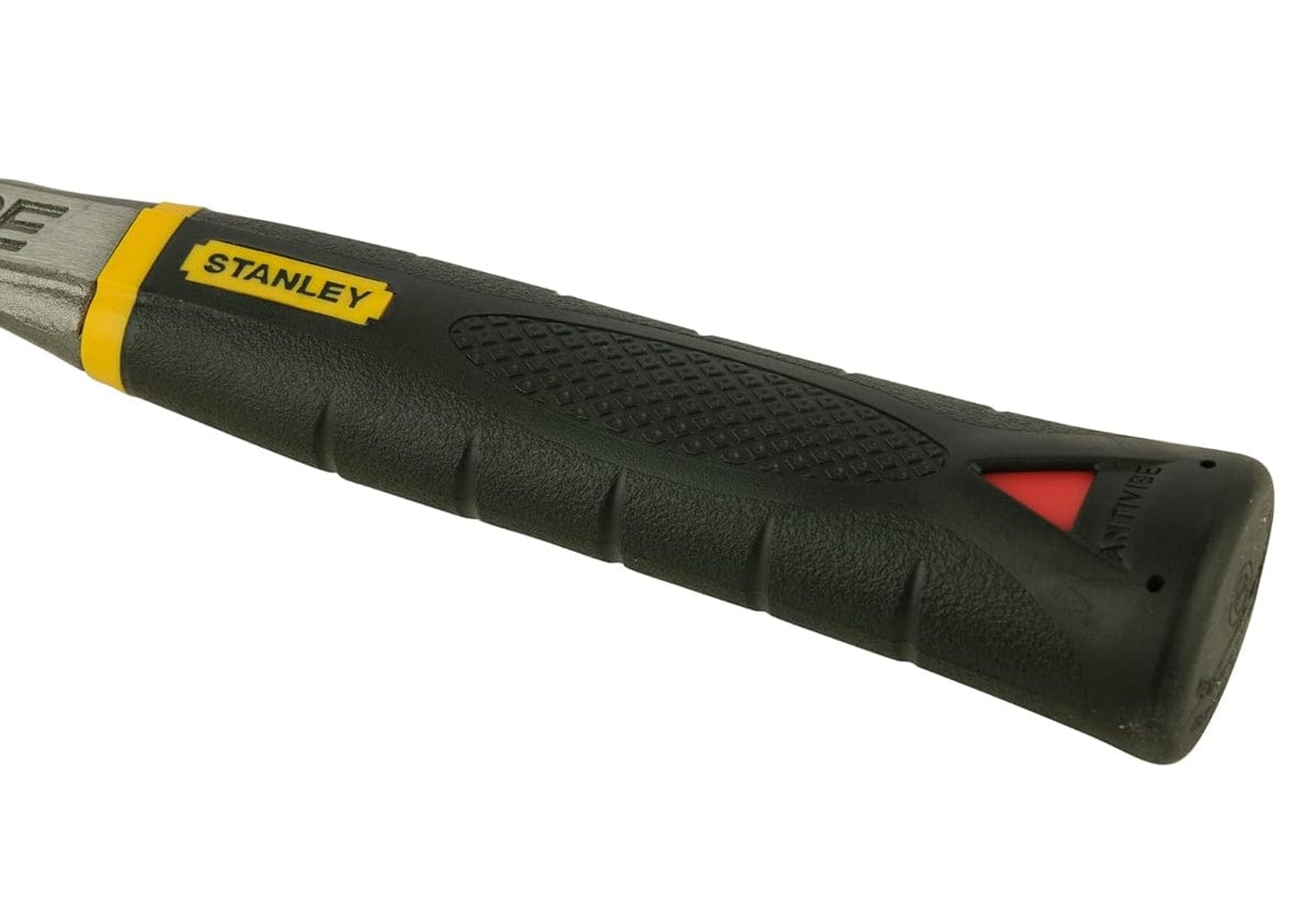Close-up detail of the black rubberized slip-resistant grip with the yellow Stanley logo and the red AntiVibe triangular insert at the handle end.