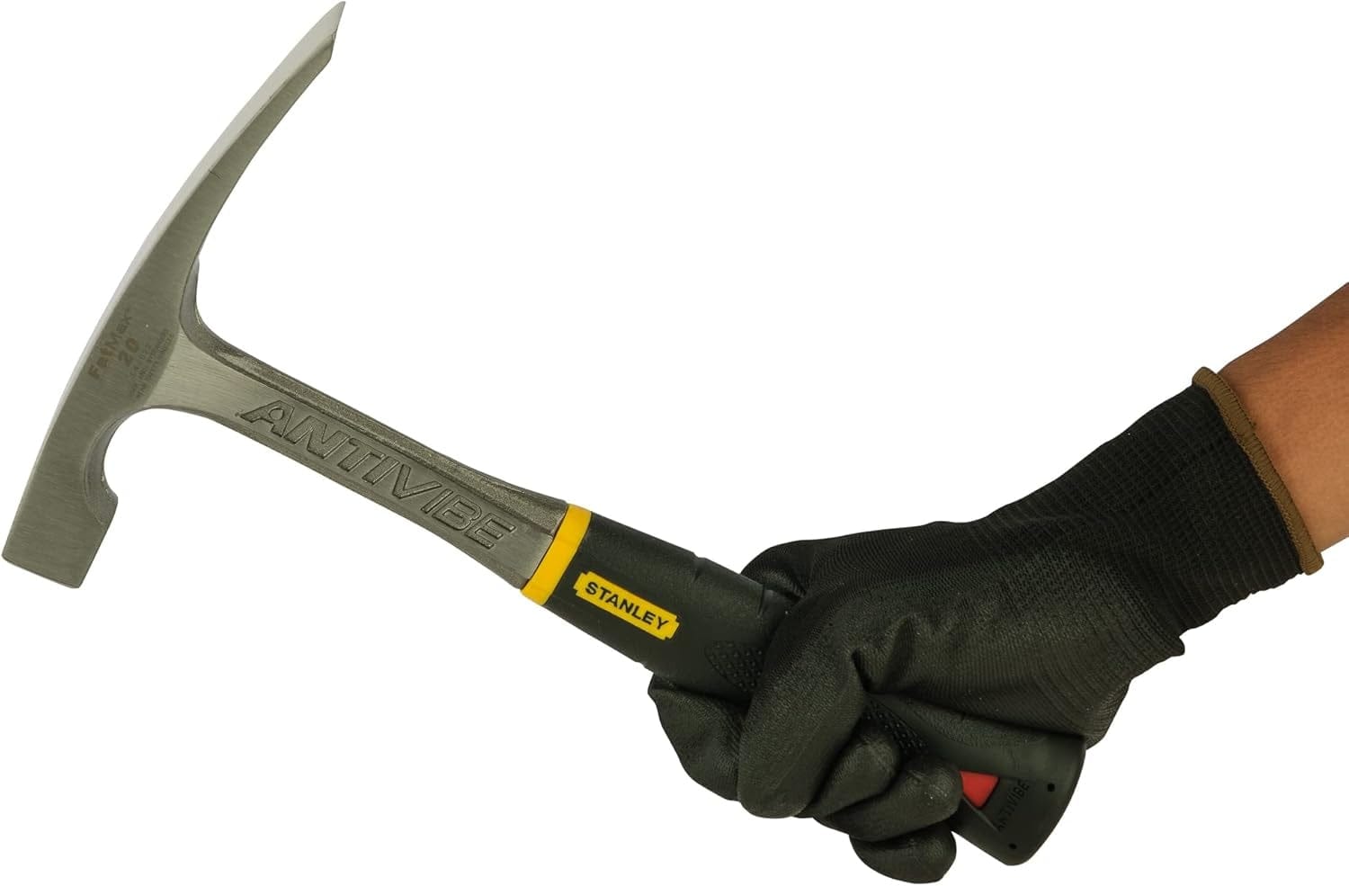 Lifestyle view of a gloved hand gripping the Stanley FatMax brick hammer, demonstrating the ergonomic handle fit and readiness for masonry work.