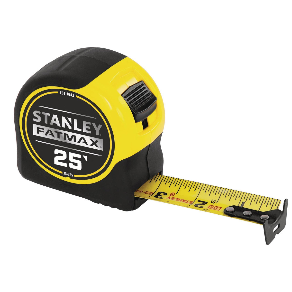 An angled three-quarter perspective studio shot of the closed Stanley FatMax 25' pocket rule, demonstrating the 1-1/4 inch yellow steel blade slightly extended forward with its three-rivet black end hook and the top-forward mechanical slide lock lever.