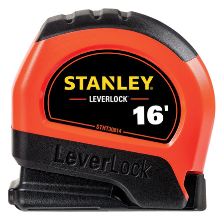A direct side-profile studio layout of the closed Stanley LeverLock 16-foot tape measure, showcasing its vibrant high-visibility orange and black composite casing, arched center brand badge with the model number STHT30814, and the embossed LeverLock name text on the lower black rubber shell against a white background.
