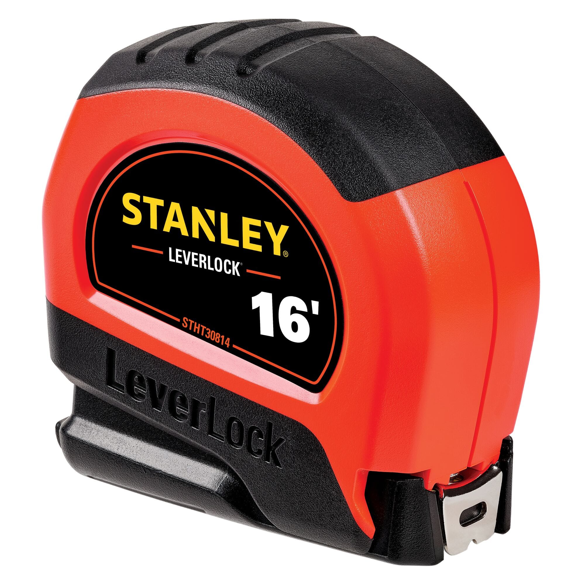 A three-quarter angle product perspective view of the closed Stanley LeverLock pocket measuring rule, highlighting the textured grip patterns along the black rubber top armor, the front blade exit slot mouth, and the metal end hook.