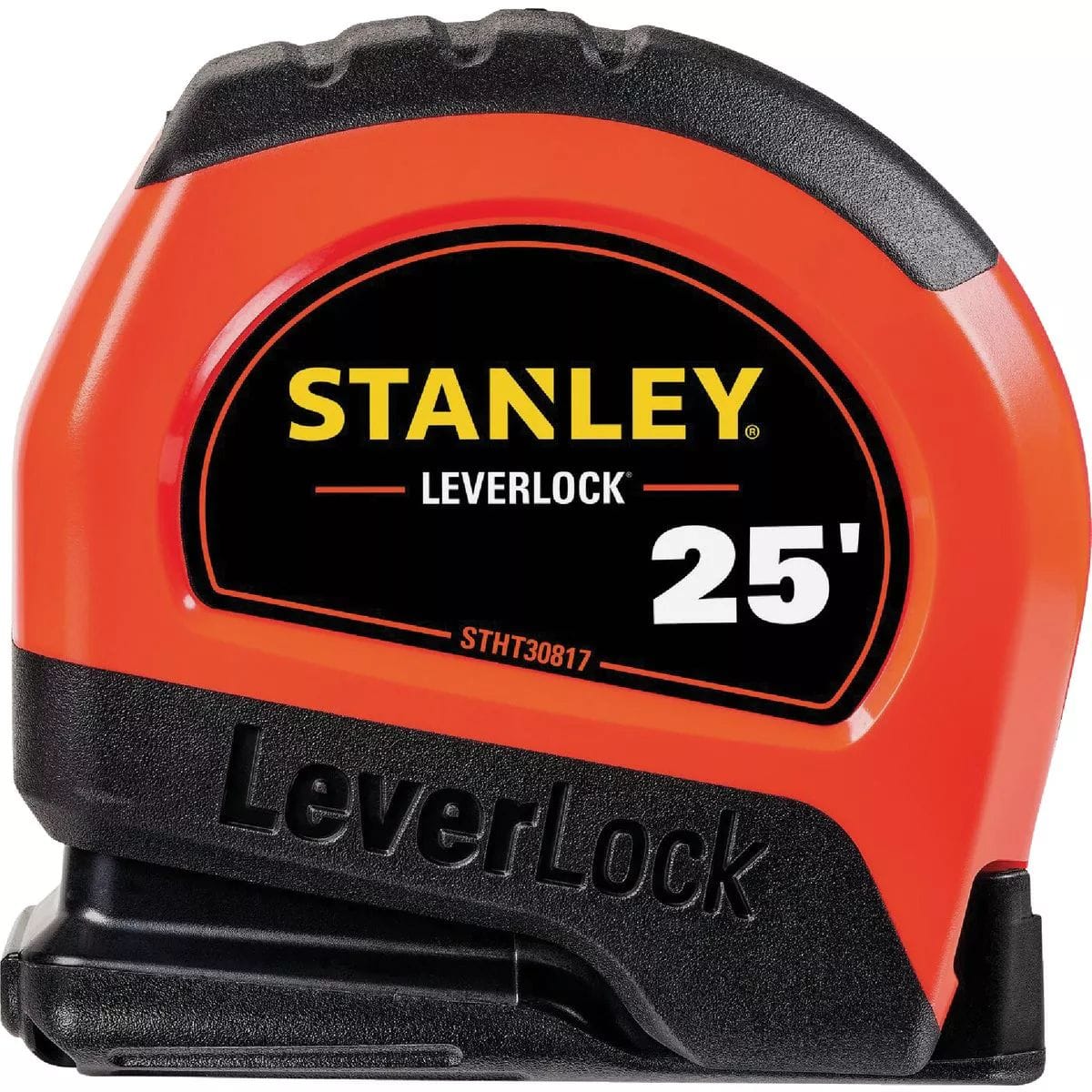 A direct side-profile studio layout of the closed Stanley LeverLock 25-foot tape measure, showcasing its vibrant high-visibility orange and black composite casing, arched center brand badge detailing the 25' length designation, and the model number STHT30817 on the lower black rubber shell against a white background.