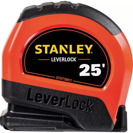A direct side-profile studio layout of the closed Stanley LeverLock 25-foot tape measure, showcasing its vibrant high-visibility orange and black composite casing, arched center brand badge detailing the 25' length designation, and the model number STHT30817 on the lower black rubber shell against a white background.