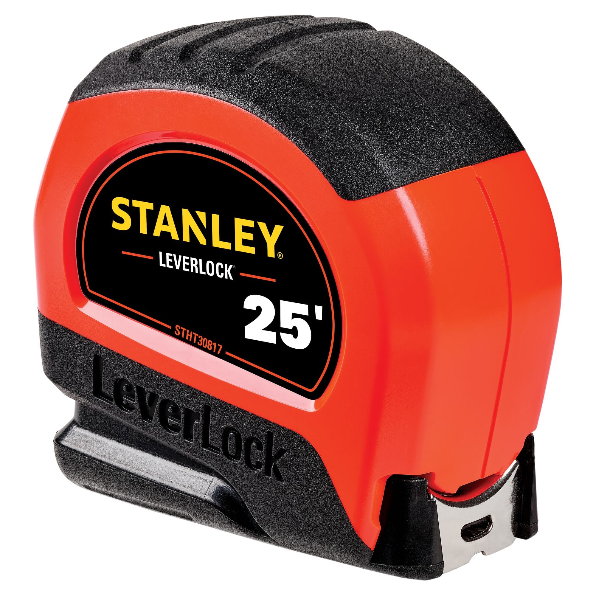 A three-quarter angle product perspective view of the closed Stanley LeverLock pocket measuring rule, highlighting the textured grip patterns along the black rubber top armor, the front blade exit slot mouth, and the metal end hook.