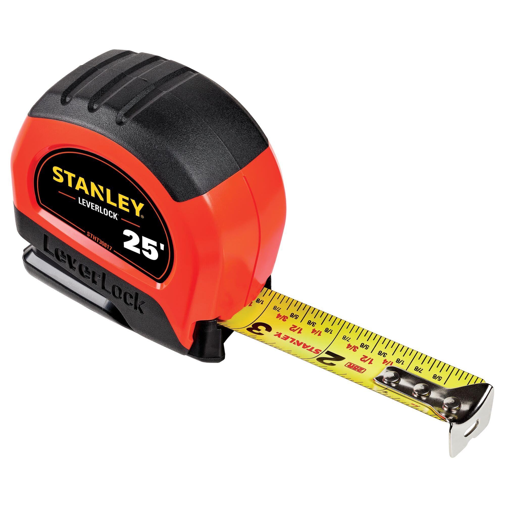 An isometric studio perspective shot of the Stanley 25' LeverLock measuring tape with its high-contrast yellow steel blade extended forward, demonstrating the pre-printed fractional layout marks and the riveted steel end hook resting on a clean white background.