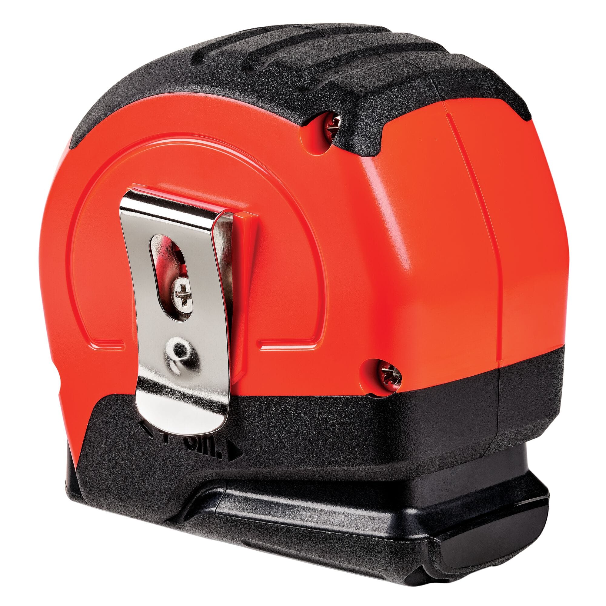 A detailed flat-lay product view of the reverse side of the high-visibility orange Stanley tape rule casing, highlighting the shiny chrome-finished metal belt clip, assembly casing screws, and the lower textured compression release mechanism.
