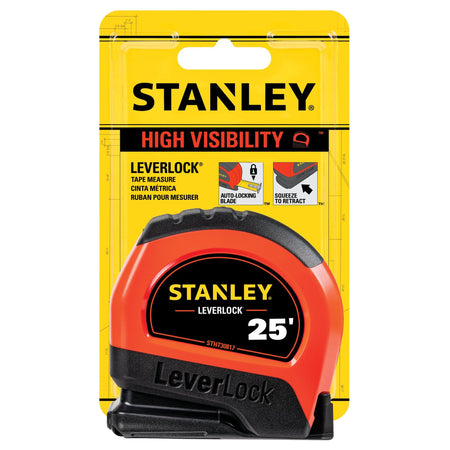 A retail packaging view of the Stanley 25-foot LeverLock tape measure enclosed on its high-visibility yellow blister card, highlighting feature graphics illustrating the auto-locking blade system and the squeeze to retract design.