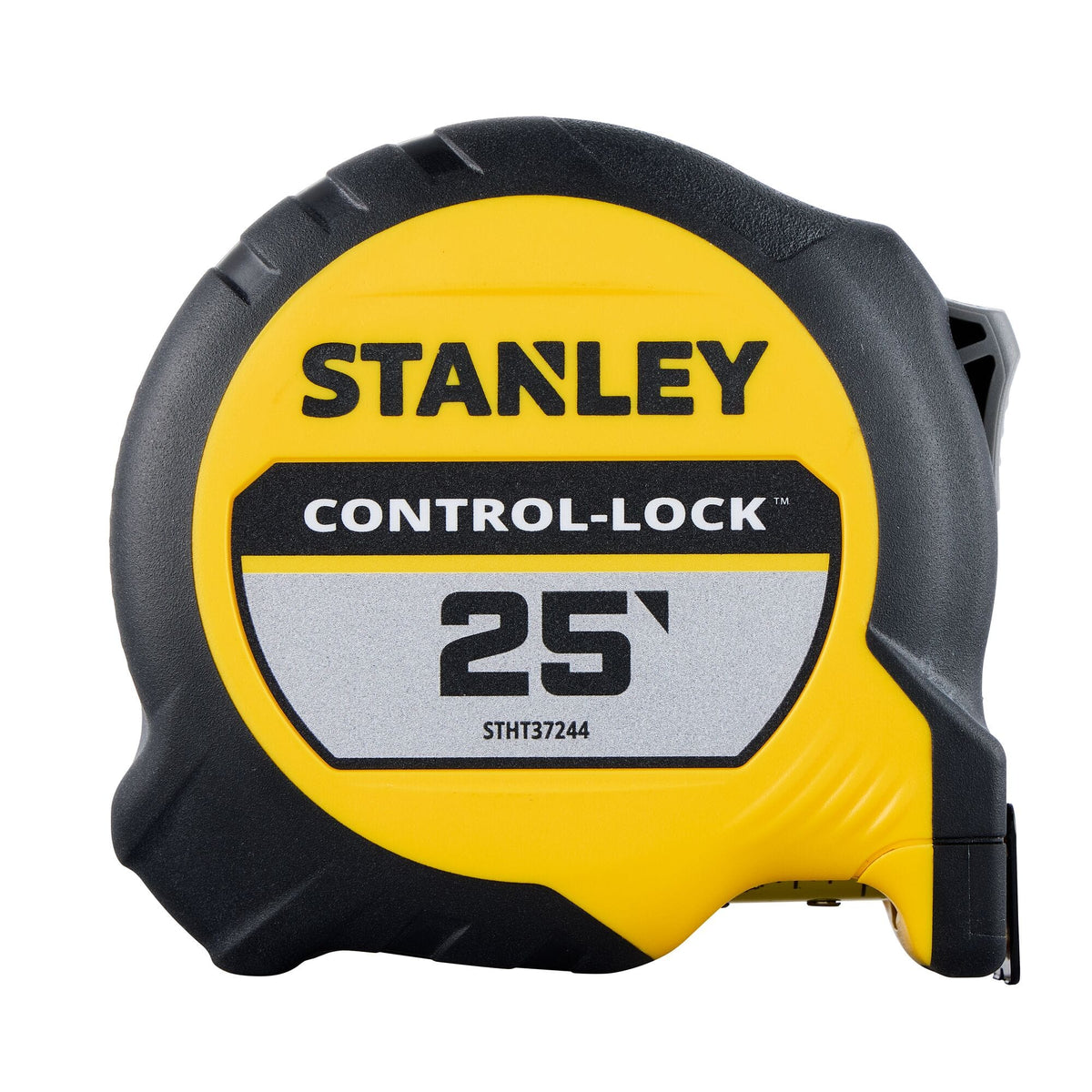 A direct side-profile studio photograph of the closed Stanley Control-Lock 25-foot tape measure, showcasing its bright yellow face, circular center brand badge with the model number STHT37244, and the impact-resistant black rubber overmold case against a pure white background.