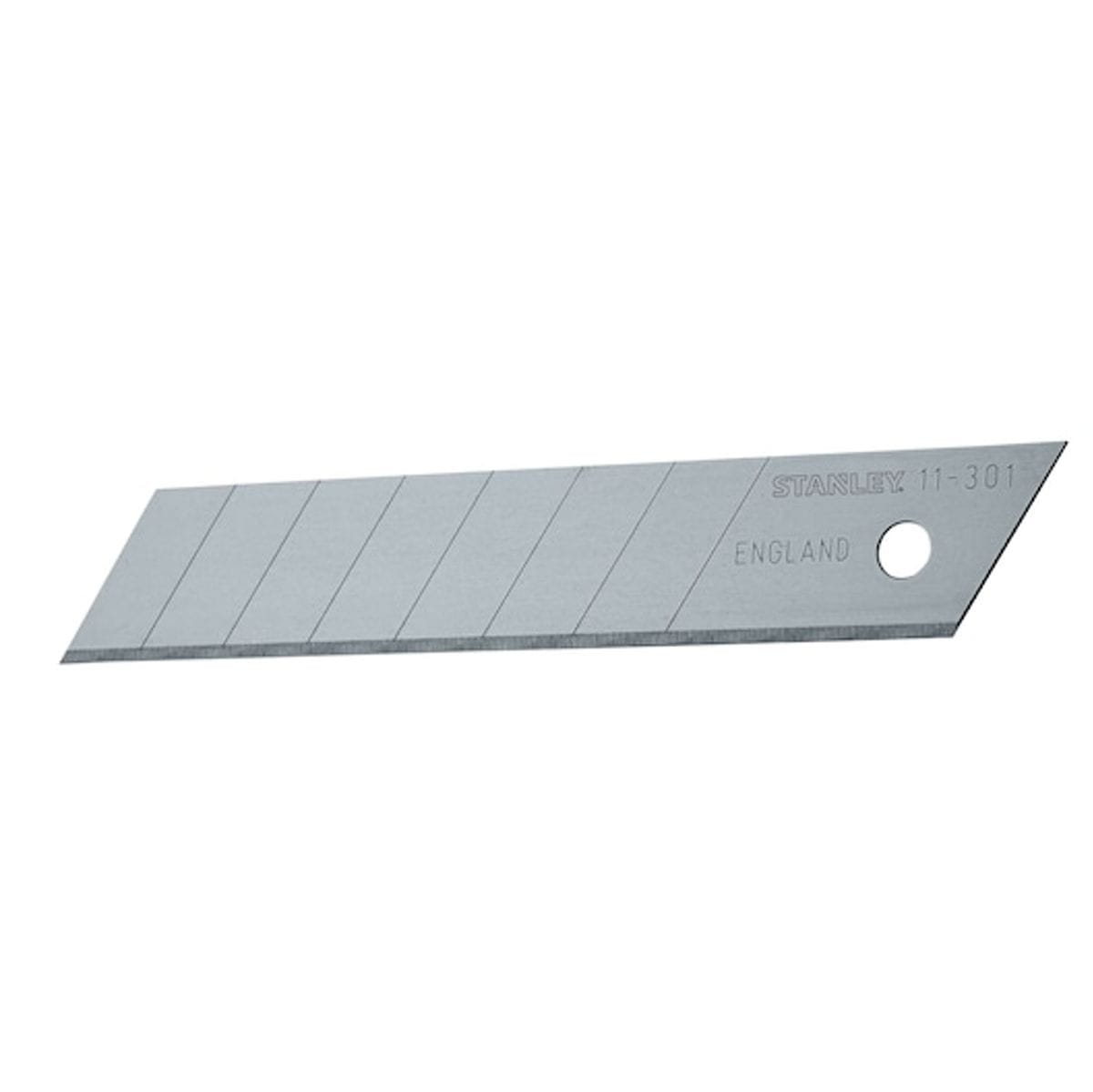 Stanley 11-301 Quick-Point 18mm snap-off utility blade with 8 scored segments for fast edge refreshing on jobsite materials.