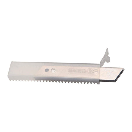 Stanley utility blades stored in a protective plastic dispenser to ensure safe handling and organization for contractors.