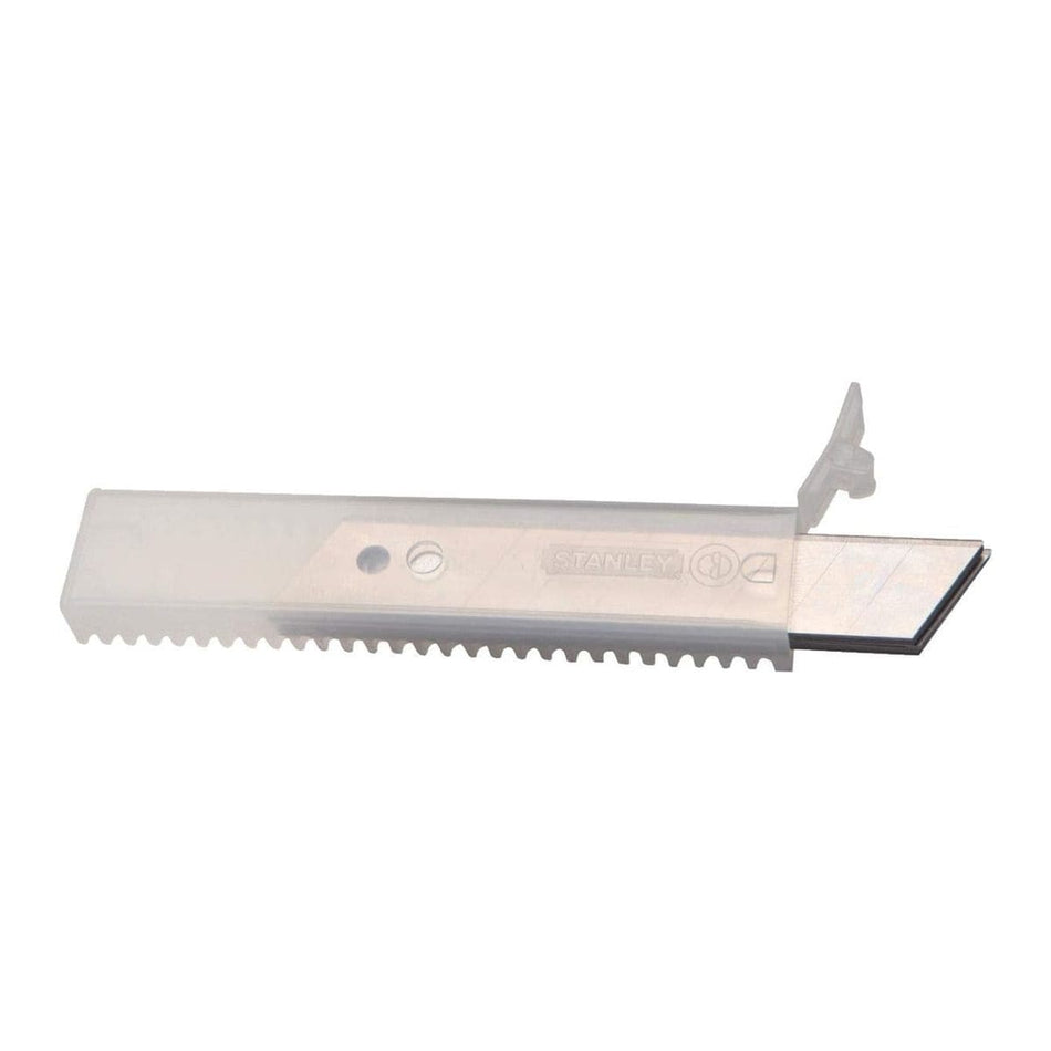 Stanley utility blades stored in a protective plastic dispenser to ensure safe handling and organization for contractors.