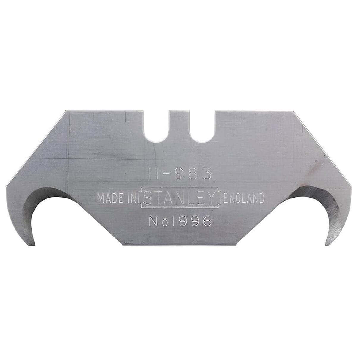 Stanley 11-983 1996 large hook replacement utility blade featuring dual curved tips for cutting roofing shingles and sheet flooring.