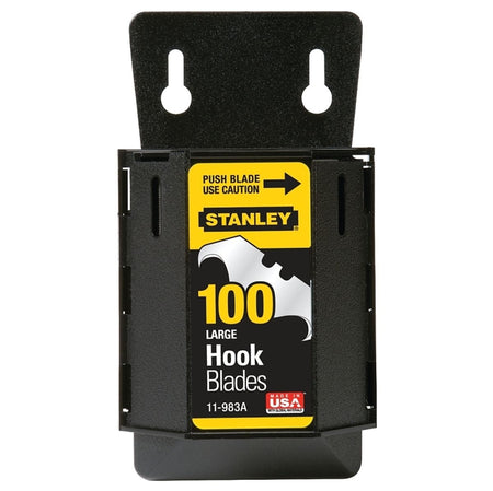 Stanley 11-983A wall-mountable dispenser holding 100 large hook utility blades for safe single-blade access on active job sites.