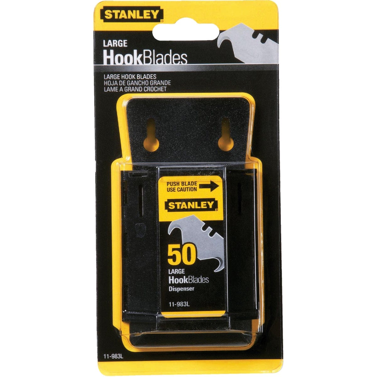 Stanley 11-983L carded 50-pack large hook blade dispenser designed for safe one-at-a-time wall-mounted access on busy job sites.