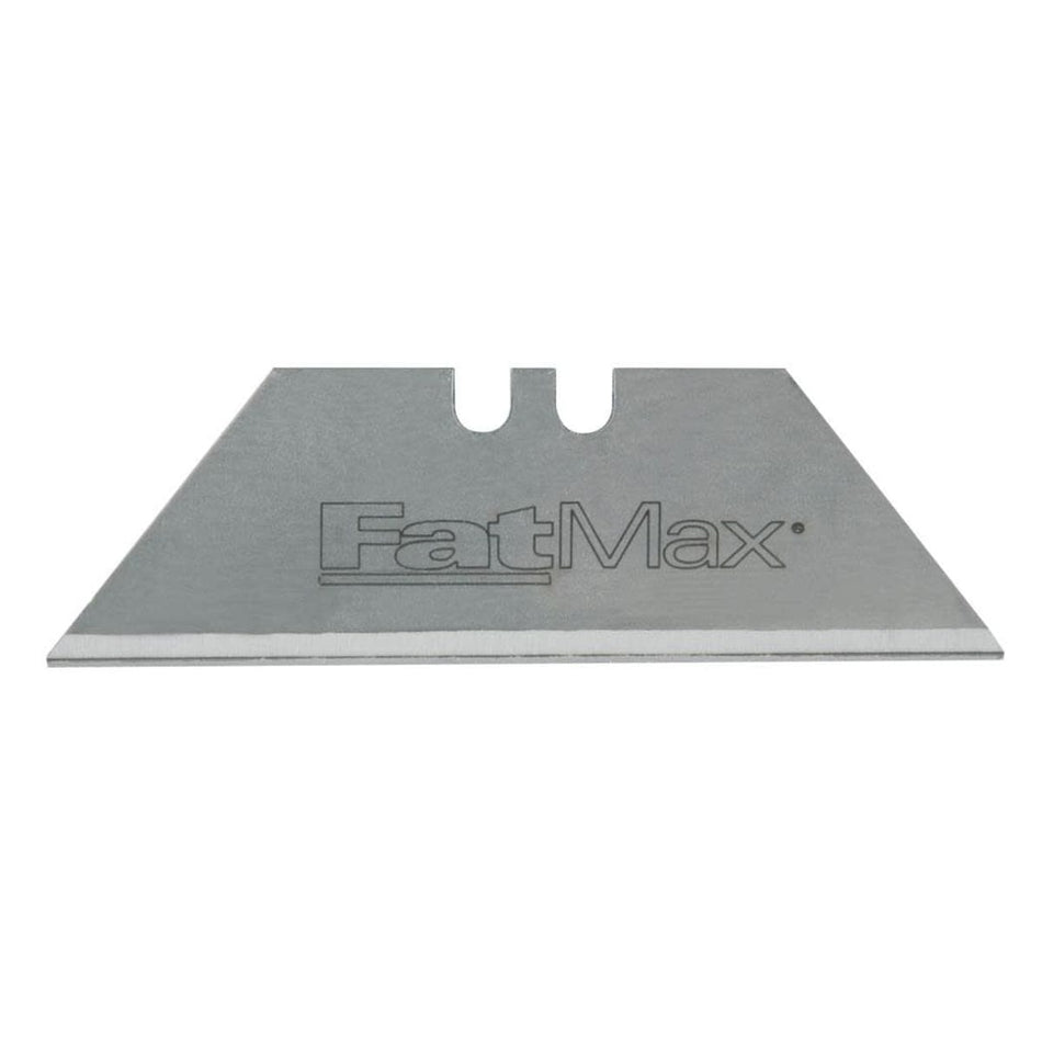 Stanley FatMax heavy-duty utility knife blade featuring an induction-hardened cutting edge and heat-treated flexible back for contractors.