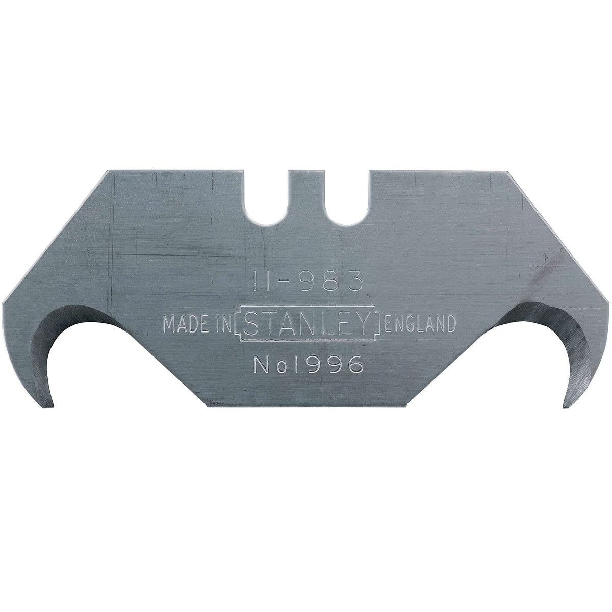 Stanley 11-983 1996 large hook replacement utility blade featuring dual sharp points for shearing roofing shingles without gouging underlying decking.