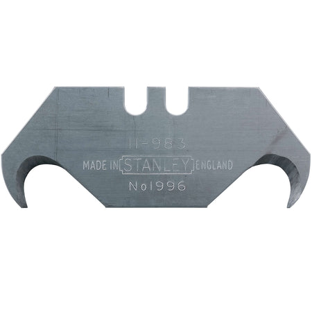 Stanley 11-983 1996 large hook replacement utility blade featuring dual sharp points for shearing roofing shingles without gouging underlying decking.