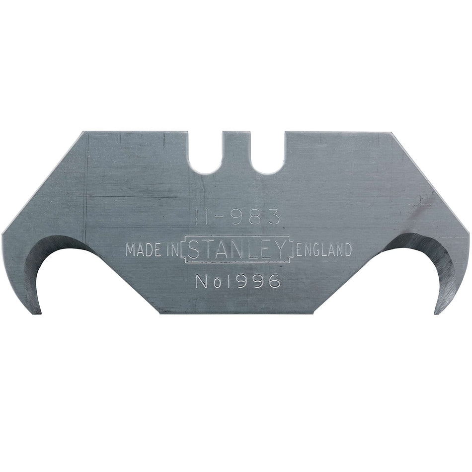 Stanley 11-983 1996 large hook replacement utility blade featuring dual sharp points for shearing roofing shingles without gouging underlying decking.