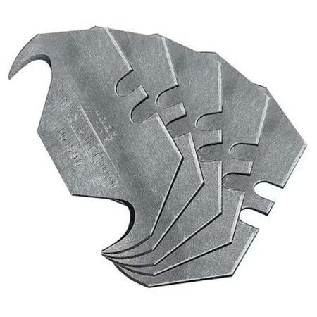 Stanley 11-983 5-pack large hook carbon steel utility blades showing universal double-notch geometry for fast replacement in standard utility knives.