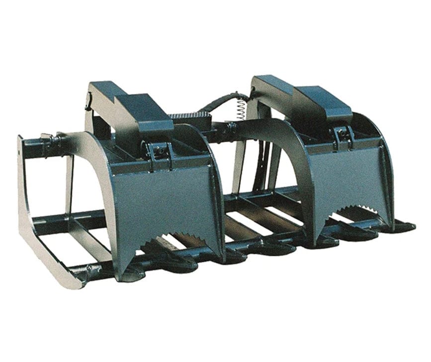 Front studio shot of the 72-inch skid steer root grapple with both upper claws closed against the bottom tines, showcasing the heavy-duty reinforced steel plate construction and flat-faced couplers.