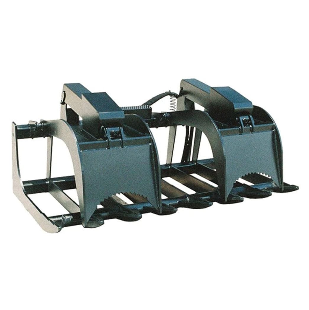 Front studio shot of the 72-inch skid steer root grapple with both upper claws closed against the bottom tines, showcasing the heavy-duty reinforced steel plate construction and flat-faced couplers.