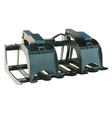 Front studio shot of the 72-inch skid steer root grapple with both upper claws closed against the bottom tines, showcasing the heavy-duty reinforced steel plate construction and flat-faced couplers.