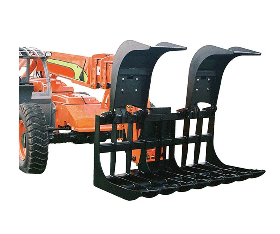 Star Industries root grapple mounted on an orange telehandler machine, shown in an open position against a white background to illustrate the attachment compatibility and clamping width.