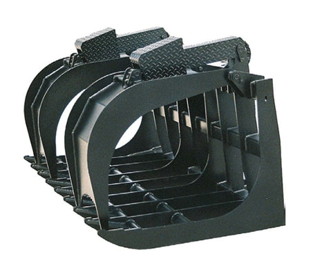 Studio angle view of the heavy-duty root grapple constructed from black steel, highlighting the curved tine geometry, serrated teeth on the upper claws, and the open bottom design for debris sifting.