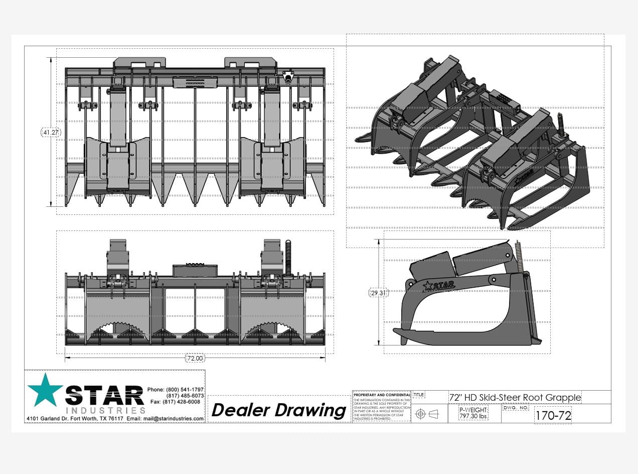Technical dealer drawing displaying four views of the 170-72 grapple including front, top, side, and isometric perspectives, detailing dimensions such as the 72-inch width and 29.31-inch height along with the Star Industries logo.