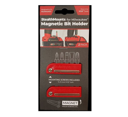 Retail packaging card displaying two red StealthMounts magnetic bit holders for Milwaukee M18 tools along with mounting screws.