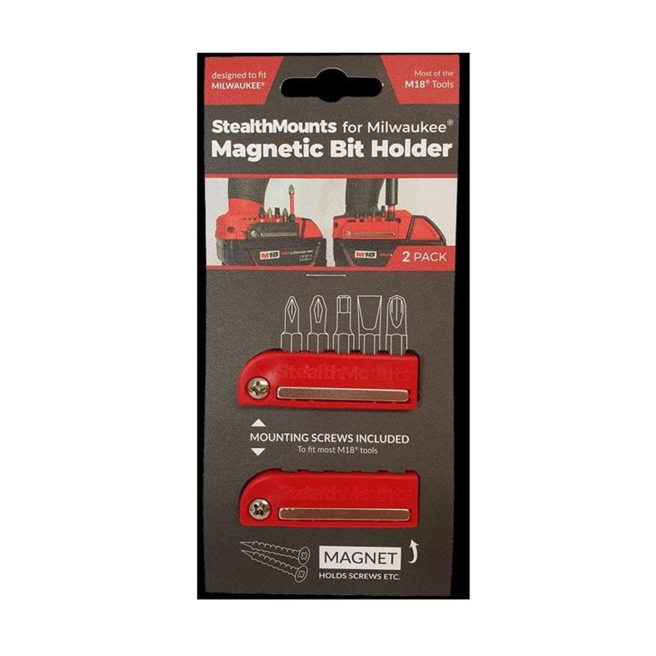 Retail packaging card displaying two red StealthMounts magnetic bit holders for Milwaukee M18 tools along with mounting screws.