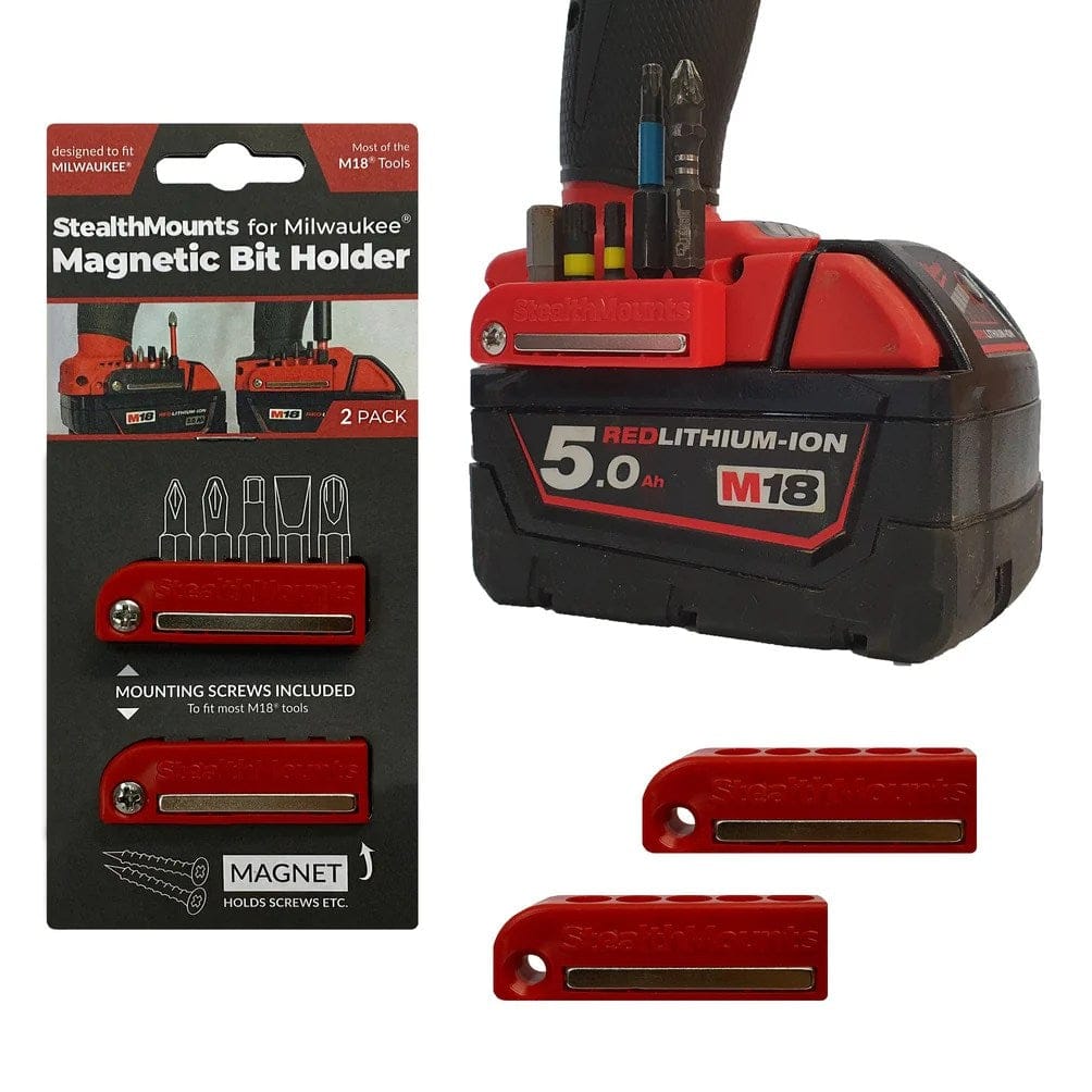 Composite image showing the packaging on the left, a Milwaukee M18 tool with the red bit holder attached and filled with bits on the right, and two loose bit holders below.
