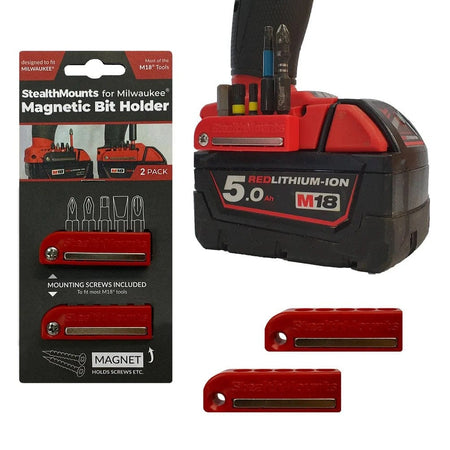 Composite image showing the packaging on the left, a Milwaukee M18 tool with the red bit holder attached and filled with bits on the right, and two loose bit holders below.