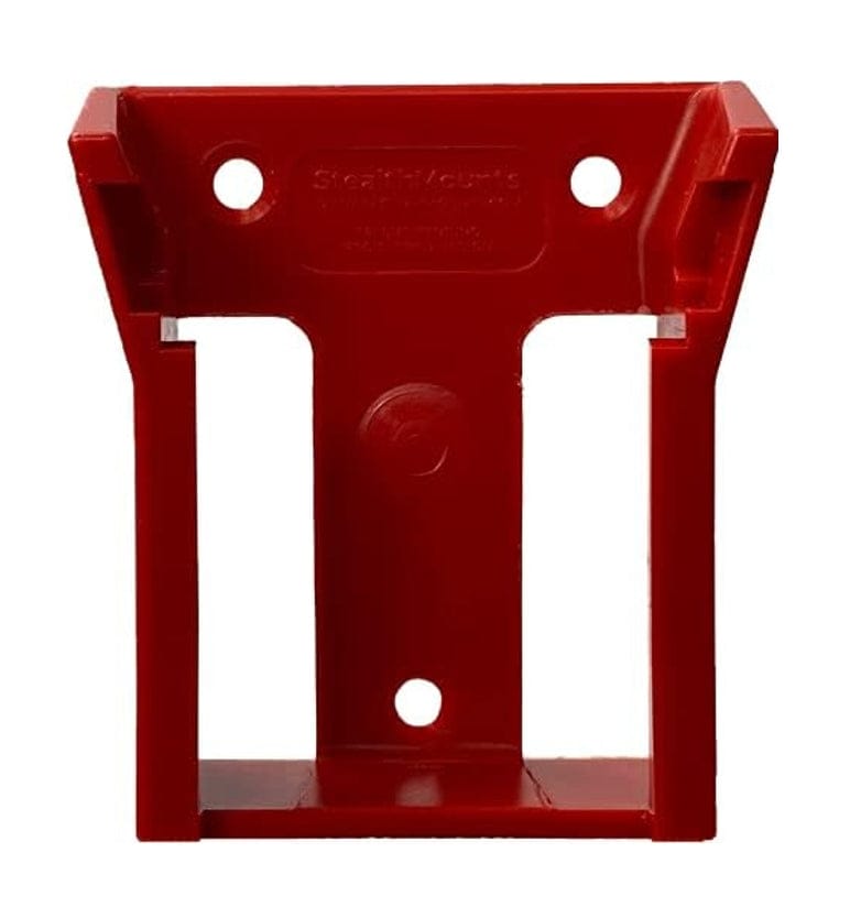 Close-up studio shot of a single red injection-molded ABS plastic battery mount showing the mounting holes and locking mechanism.