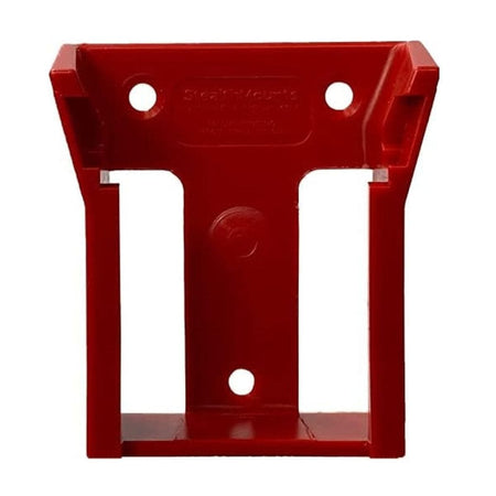 Close-up studio shot of a single red injection-molded ABS plastic battery mount showing the mounting holes and locking mechanism.