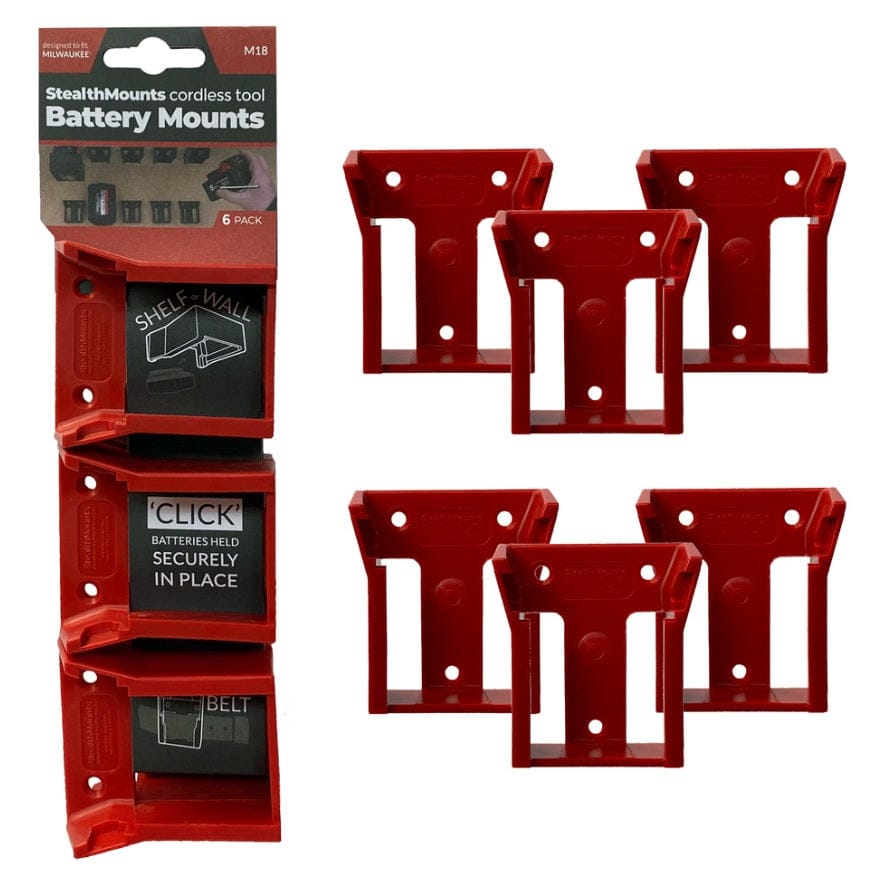 Retail display card for the 6-pack of red battery mounts shown next to the six included holders arranged in two rows.