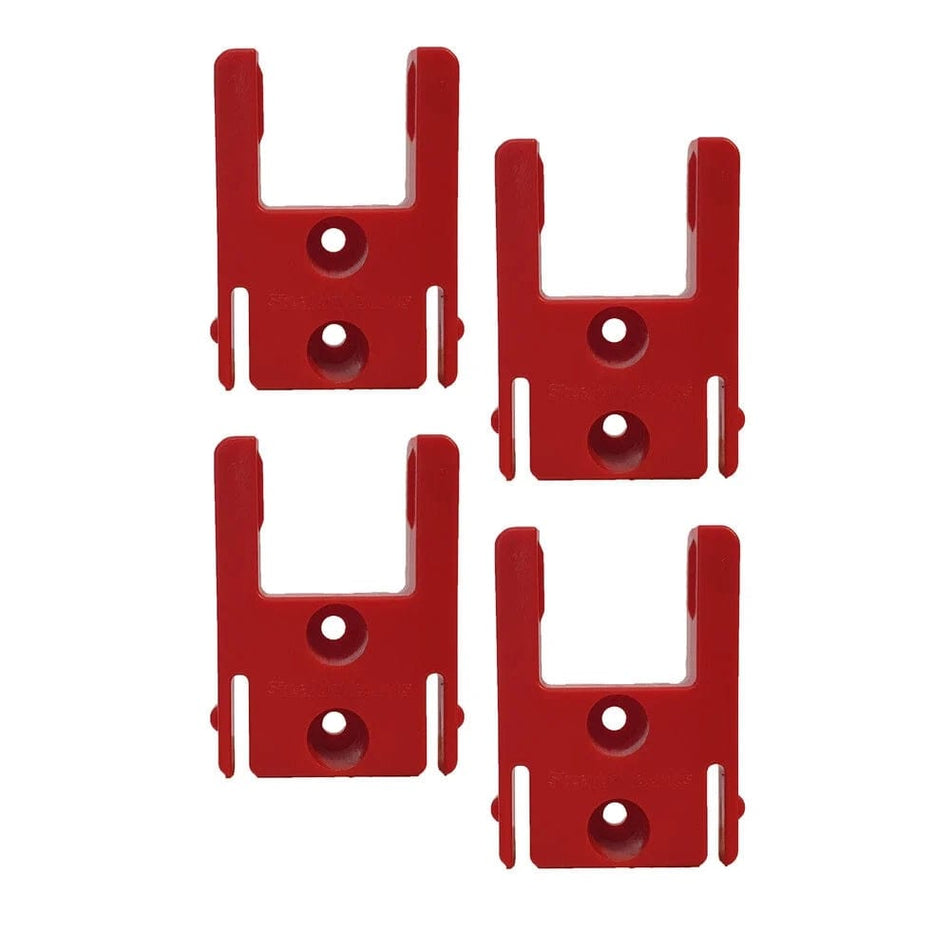 Studio arrangement of four red tool holder mounts displayed together to represent the contents of the 4-pack.