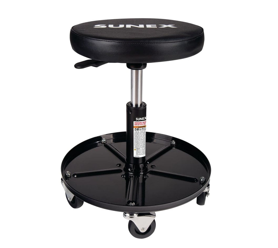 Studio view of the Sunex Tools pneumatic shop seat featuring a black round vinyl cushion with white branding, a chrome height adjustment cylinder, and a black circular tool tray base on five casters.