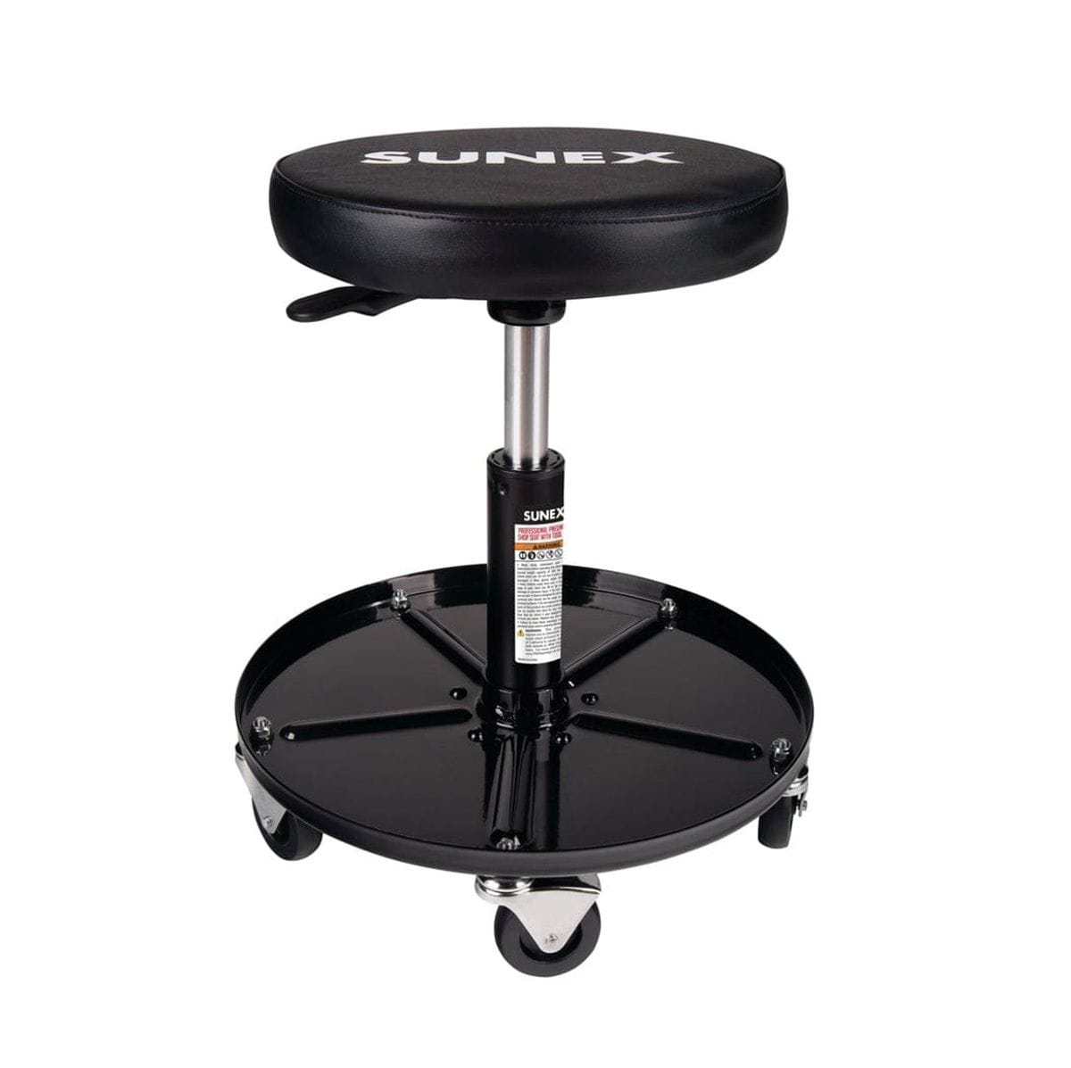 Studio view of the Sunex Tools pneumatic shop seat featuring a black round vinyl cushion with white branding, a chrome height adjustment cylinder, and a black circular tool tray base on five casters.