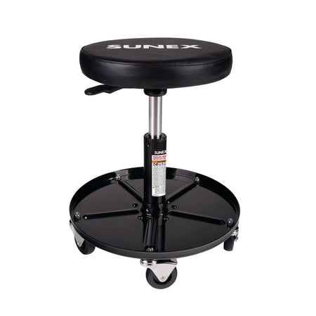 Studio view of the Sunex Tools pneumatic shop seat featuring a black round vinyl cushion with white branding, a chrome height adjustment cylinder, and a black circular tool tray base on five casters.