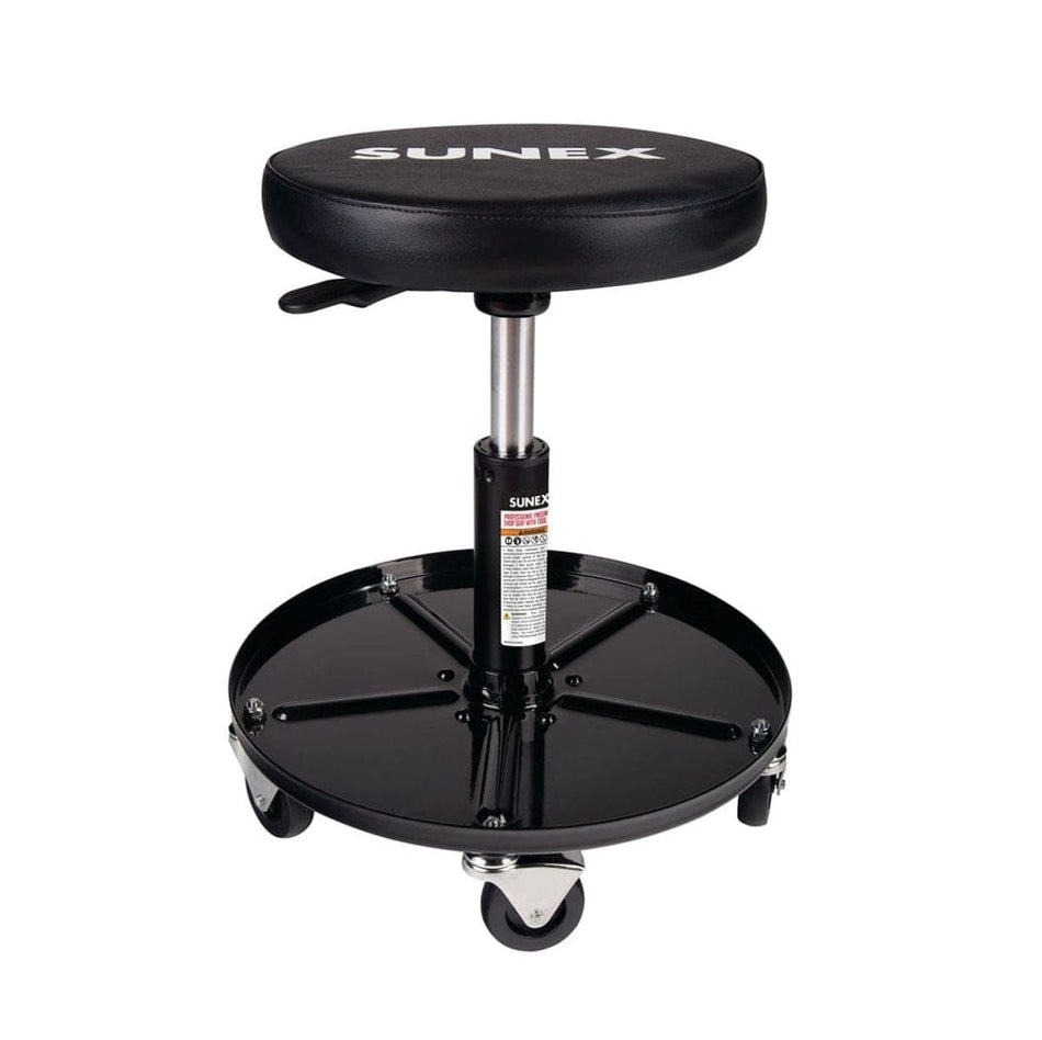Studio view of the Sunex Tools pneumatic shop seat featuring a black round vinyl cushion with white branding, a chrome height adjustment cylinder, and a black circular tool tray base on five casters.