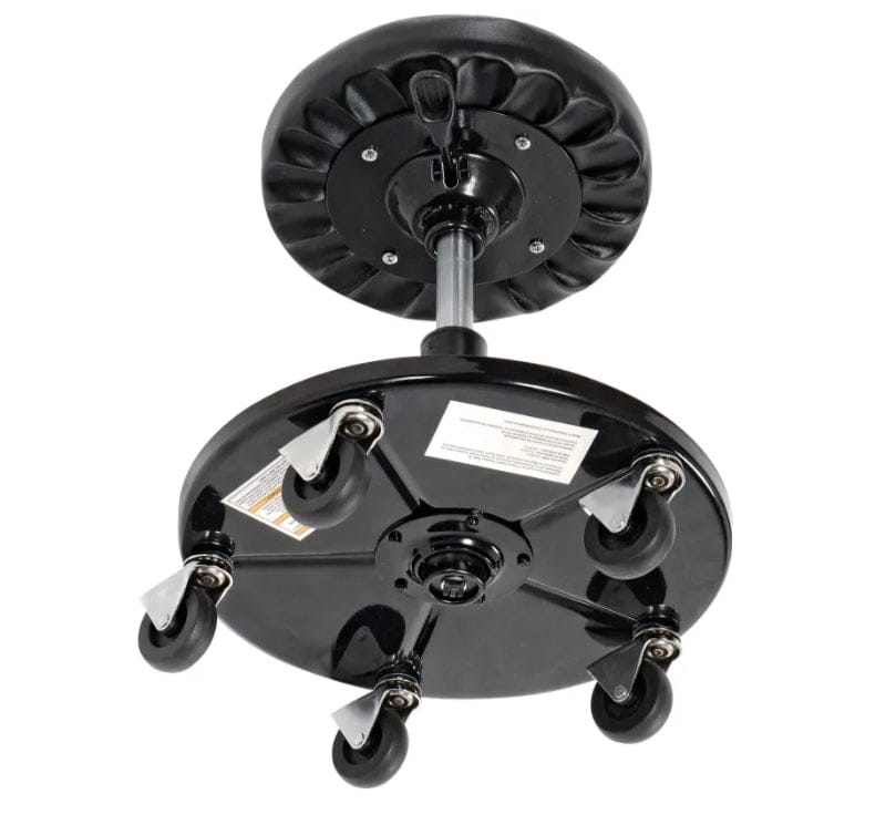 Underside view of the shop seat revealing the five heavy-duty swiveling casters attached to the steel base and the bottom mechanism of the pneumatic cylinder.