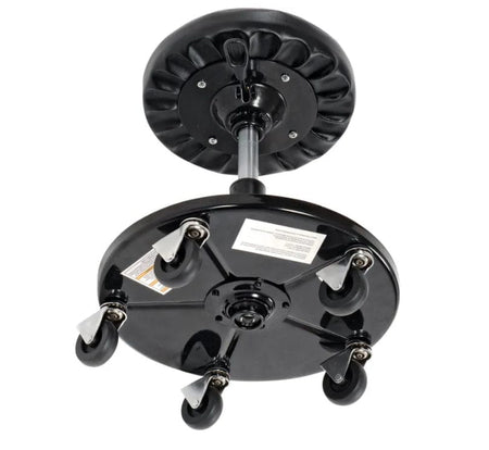Underside view of the shop seat revealing the five heavy-duty swiveling casters attached to the steel base and the bottom mechanism of the pneumatic cylinder.