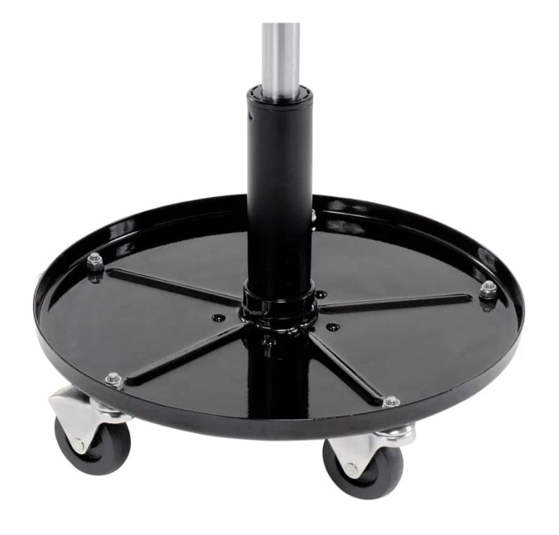 Close-up view of the circular tool tray base showing the raised dividers for organizing parts and the rugged steel frame connecting to the casters.