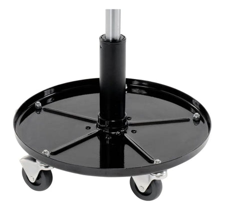 Close-up view of the circular tool tray base showing the raised dividers for organizing parts and the rugged steel frame connecting to the casters.