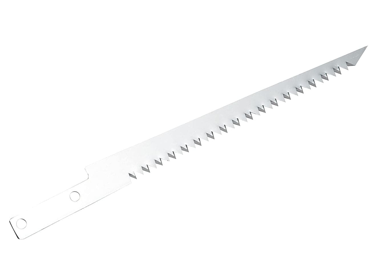 The image shows a long, slender metal blade with sharp, pointed teeth along one edge, designed for cutting. At the opposite end, there's a section with holes, indicating where it would be attached to a handle.