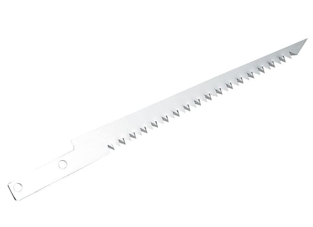 The image shows a long, slender metal blade with sharp, pointed teeth along one edge, designed for cutting. At the opposite end, there's a section with holes, indicating where it would be attached to a handle.