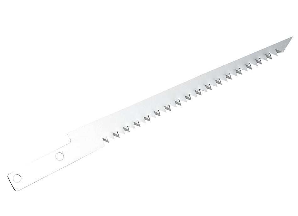 The image shows a long, slender metal blade with sharp, pointed teeth along one edge, designed for cutting. At the opposite end, there's a section with holes, indicating where it would be attached to a handle.