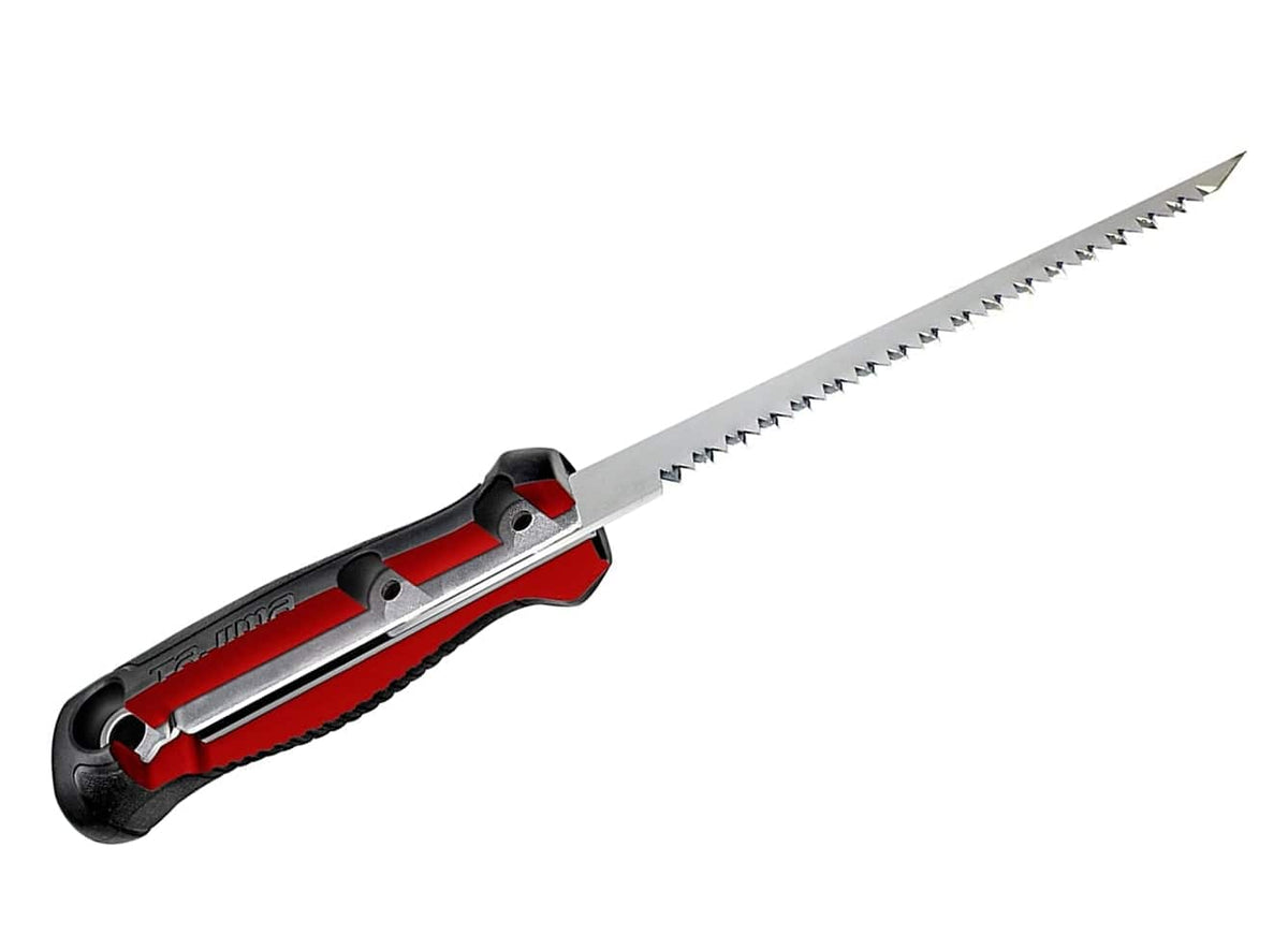 Tajima TAJ-GTB165JS Japanese Steel Drywall Jab Saw with cut away. The handle is black with red outlining the internal part of the handle. This tool is specifically designed for making plunge cuts and shaping drywall, which could be quite useful for various projects.
